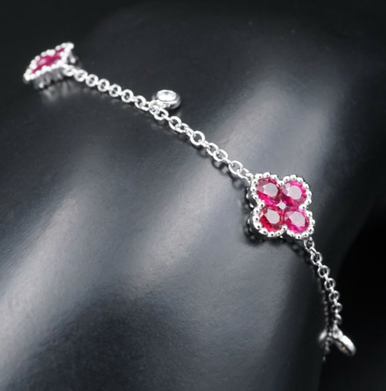 Ruby Diamond Station Bracelet Quatrefoil 18k White Gold 1.75ct 7" BG640 (1 of 3)