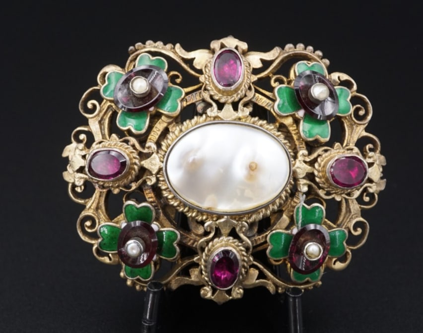 Antique Swedish Flower Tourmaline Pearl Enamel Pin Brooch Silver 2" OS654 (1 of 3)