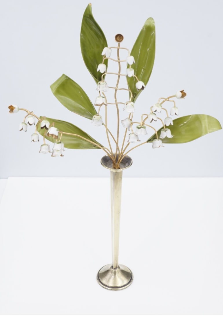 Cartier Sterling Silver Vase de Fluer Vase of Flowers 10" Lily of Valley M1840: This beautiful vase of flowers from design house Cartier features an elegant slender vase filled with articulated and enameled lily of the valley flowers. A rare mid-century design and a must have for