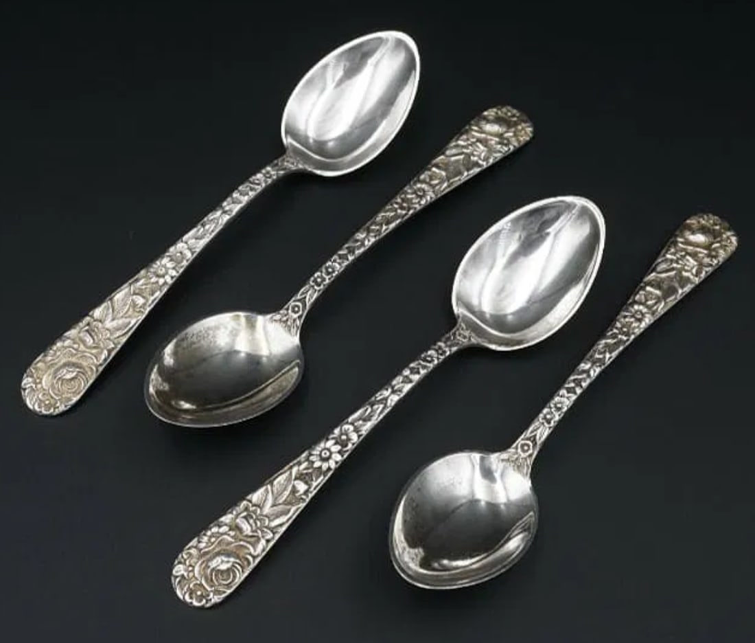 1828 S. Kirk & Son Sterling Silver Set of Four Repousse Demitasse Spoon M1509 (1 of 3)