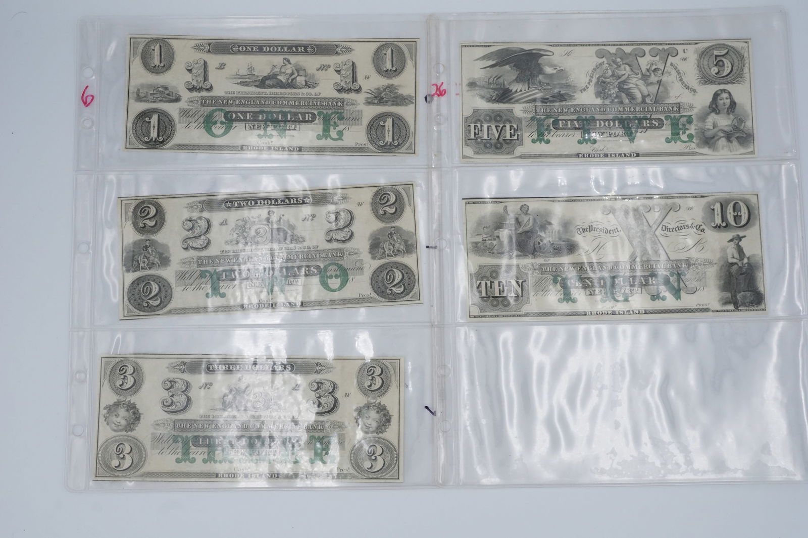 Collector's $1, $2, $3, $5, $10 Obsolete Dollar Banknotes, New England Commercial Bank (1 of 4)
