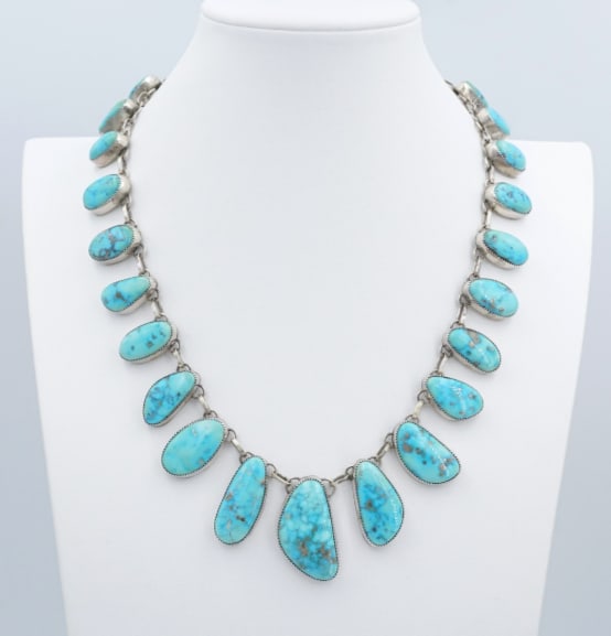 Blue Gem Turquoise Station Necklace Sterling Silver 20" Signed FC Navajo NS2366 (1 of 3)