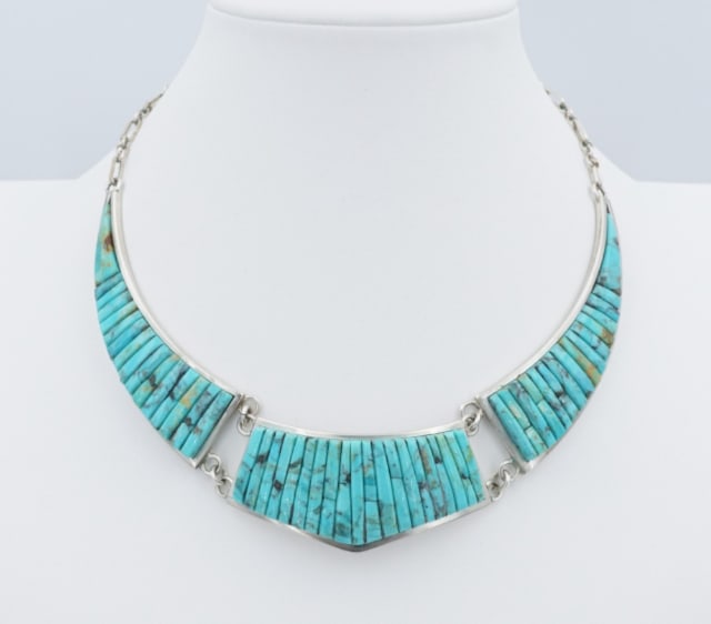 Pete Sierra Navajo Sterling Silver Turquoise Inlay Bib Necklace 16" NS2364 (1 of 3)