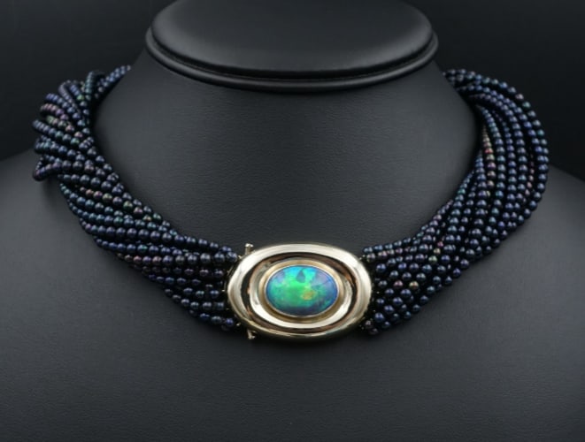 Rare 18k 1980 Paloma Picasso 7ct Black Opal Torsade Necklace Tiffany Co NG1760: This amazing Tiffany & Co torsade necklace showcases Paloma Picasso’s early signature aesthetic: bold, sculptural goldwork with a focus on dramatic, and high-contrast gemstones. The central black op