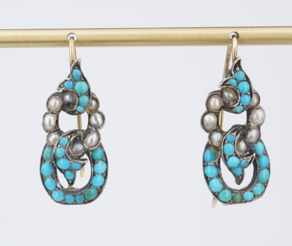 Antique Silver & Yellow Gold Turquoise Seed Pearl Dangle Earrings 1" ES2438: These amazing earrings features a classic blend of turquoise beads and seed pearls set in an interlocking swirl pattern. Crafted from sterling silver and hanging from locking gold wire hooks, these be