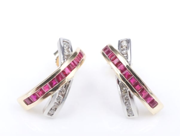Vintage 14k 2 Tone Gold Natural Ruby Diamond X Crossover Post Earrings EG2288: These vintage designer earrings from each feature a ruby and diamond crossover design. All crafted in 14k yellow and white gold. The earrings fasten securely with posts and butterfly backs, all 14k. A