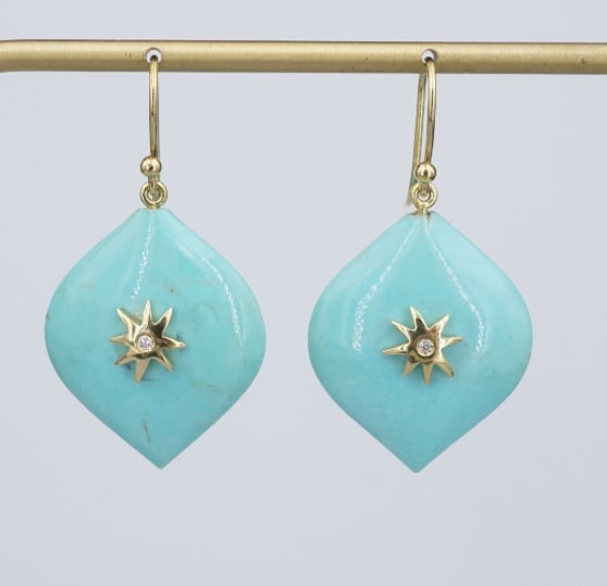 18k Elizabeth Showers Turquoise Diamond Earrings 0.75" Hope Star Gold EG2660: This lovely pair of earrings from designer Elizabeth Showers feature a teardrop slab of sleeping beauty turquoise embellished with a natural diamond accent set in a sweet 18k gold star frame. Suspende