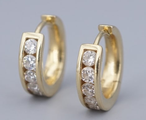 14k Diamond Huggie Hoop Earrings Yellow Gold 0.5 ctw 1/2" 12mm Channel EG2760: These classic earrings feature natural white diamonds channel-set into the face of a 14k yellow gold hoop design with polished edges. These fantastic earrings are the perfect, versatile accessory for