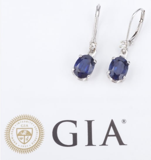 3ctw Sapphire Diamond Dangle Earrings Platinum 14k White Gold Oval GIA EG2493: This fabulous pair of earrings features beautifully matched oval brilliant cut natural GIA certified sapphires set in platinum baskets. Earrings fasten securely with 14k white gold lever backs with di