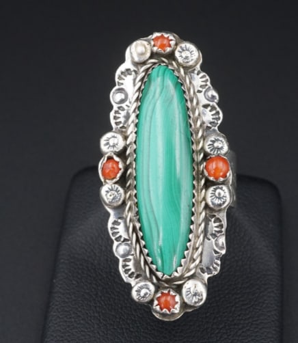 Navajo Malachite Coral Ring Sterling Silver Size 7 1.7" Long Signed E RS3389 (1 of 3)