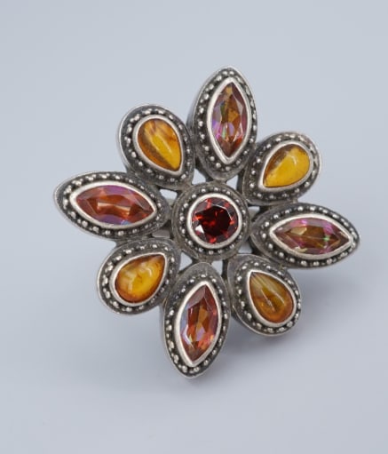 Lori Bonn Flower Ring Sterling Silver Amber Topaz Garnet Size 7 Cocktail RS3813: This fun and flirty statement ring from designer Lori Bonn features a chunky floral design crafted with bezel-set amber, garnet, and mystic topaz. Delicate bead detailing frames each gem, all atop a c