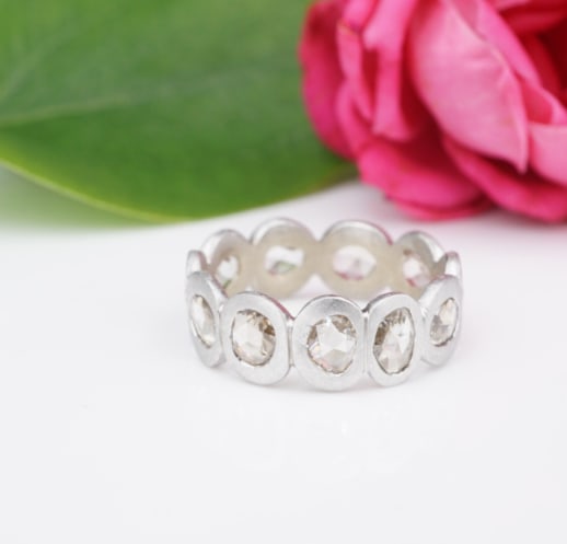 NEW 14k White Gold Diamond Slice 7mm Wide Eternity Band Ring Size 7 RG3697: This unique modern ring features rose cut diamond slices set in asymmetrical bezels crafted of solid 14k white gold with a matte brushed finish. This on-trend band is great on its own as well as in a