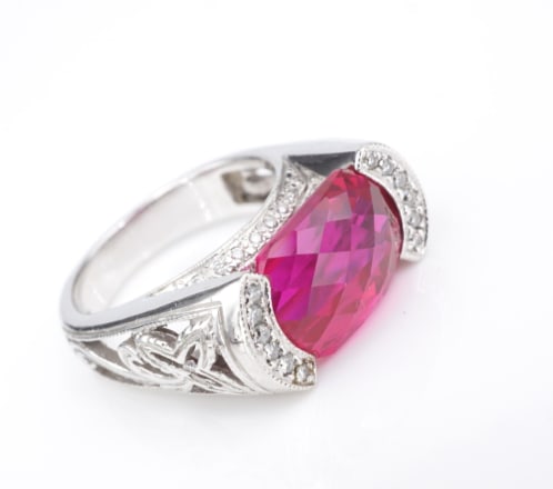 Ruby Diamond Ring 14k White Gold Checkerboard Cut Cocktail Size 6.75 RG4706: This beautiful ring features a fancy checkerboard cut ruby surrounded by natural diamonds creating a bold and modern design. All set in solid 14k, its a perfect gift to spoil yourself or someone you l