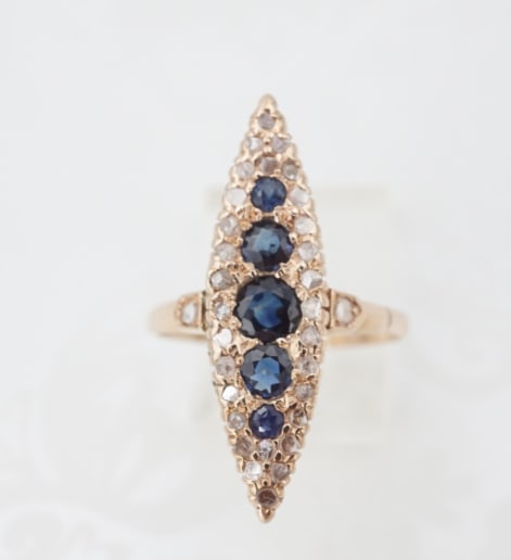 Antique 1ct Natural Sapphire Diamond Halo Navette Ring Rose Gold Sz 9 RG4896: This beautiful antique ring features a deep blue round-cut sapphire surrounded by a sparkling halo of natural old-cut white diamonds. Set atop a slim rose gold band, this ring is a timeless classic. N