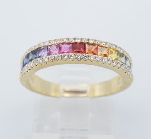 18k Rainbow Sapphire Diamond Band Ring Yellow Gold 1.25 ctw Size 7.25 RG5057: This luxe band features a stunning rainbow of square cut natural sapphires set in a central channel with diamonds along both edges. This bold ring would make an alternative wedding ring, anniversary b