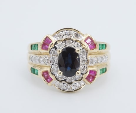 14k Sapphire Diamond Ring Emerald Pink Yellow Gold Band Size 7.25 RG5069: This beautiful ring features an oval cut natural blue sapphire accented with diamonds, pink sapphires and emeralds. This ring will make a gorgeous and unique cocktail ring, right-hand ring, or anniver