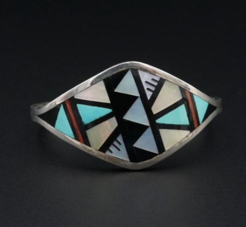 Southwestern Gemstone Mosaic Inlay Sterling Silver Cuff Bracelet 6" Sue BS3123 (1 of 3)
