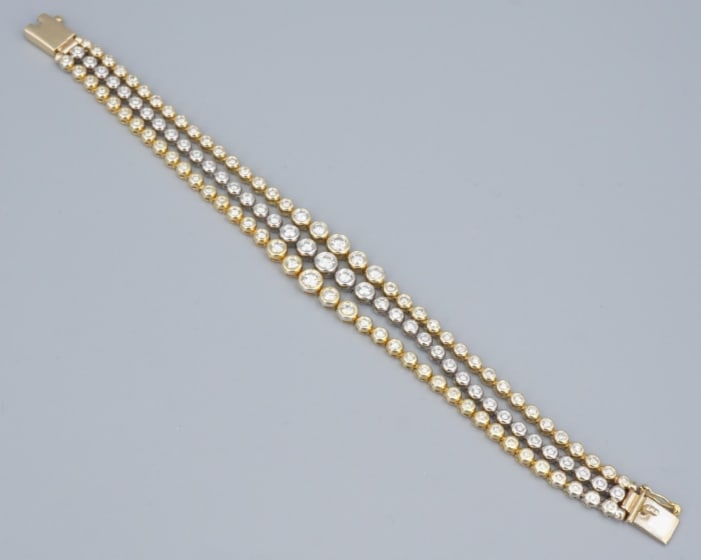 14k Diamond Tennis Bracelet 3 ctw Tri-Gold Natural 6" Bezel 3-Row BG929: This stunning diamond tennis bracelet is a beautiful custom creation! The bracelet features identical rows rendered in white gold, yellow gold, and rose gold, and joined together at each end to create