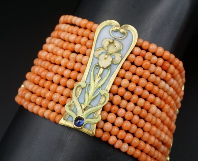 Art Nouveau Plique a Jour Sapphire Station Bracelet Coral 18k Enamel Rare BG906: This rare bracelet features three enameled plique a jour stations accented with bezel-set sapphire designed in luxe 18k yellow gold. With a captivating orange and lavender ombre color palette, this br