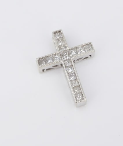 10k Diamond Cross Pendant Charm 1ctw White Gold 0.8" Natural Religious PG2088: This gorgeous pendant features a classic 10k white gold cross embellished with rows of sparkling, princess-cut diamonds channel-set across the face. This classic pendant is a beautiful show of faith t
