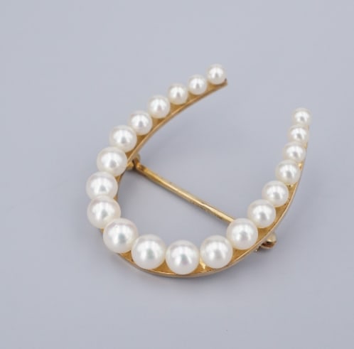 Vintage 14k Yellow Gold Pearl Horseshoe Pin Brooch 1.2" OG562 (1 of 3)