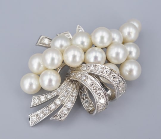 Pearl Diamond Brooch 14k White Gold Ribbon Spray 2" OG579 (1 of 3)
