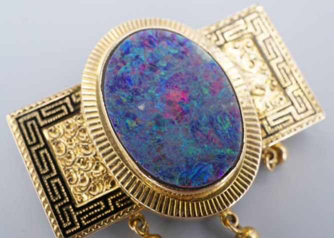 Antique 14k Yellow Gold Black Opal Doublet Enamel Brooch 1.5" OG576: This striking antique brooch dates to the late Victorian period and showcases a dramatic opal doublet framed by richly detailed gold and enamel work. The centerpiece is a large oval black opal–type