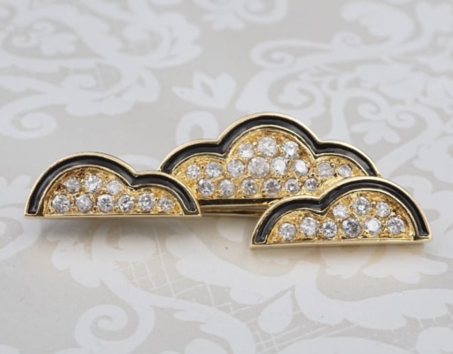 French OJ Perrin 18k Yellow Gold Diamond Enamel Cloud Brooch 1.5" Vintage OG432: From the design house of OJ Perrin, this one of a kind brooch features a a trio of clouds pave set with diamonds and accented with a black enamel. A true vintage treasure, all crafted of solid 18k yel