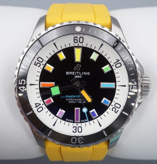 Breitling Superocean Automatic 42 Black Rainbow Dial Yellow Rubber A17375 W1309: This authentic Breitling Superocean Automatic 42 “Rainbow”, reference A17375, is a striking modern dive watch that combines professional-grade specifications with a bold, collectible aesthetic