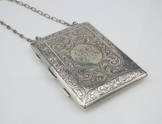 Antique Sterling Wristlet Dance Compact Foster & Bailey Engraved Mirror M2037: A beautifully engraved antique sterling silver wristlet compact (dance purse/necessaire), c. 1915Ã¢â‚¬â€œ1925, complete with its original wrist chain. The ext