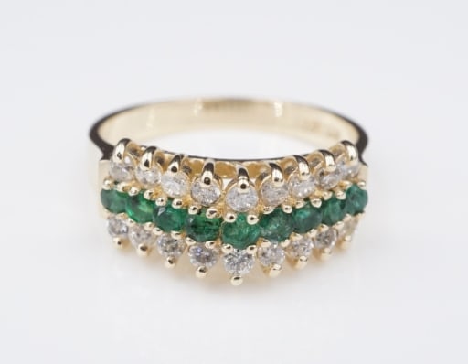 Vintage 14k Gold Natural Emerald Diamond Pyramid Ring Size 6.5 BH Effy RG4476: This gorgeous ring features alternating rows of natural round cut emeralds and white diamonds set in a tall pyramid design. Crafted in solid 14k yellow gold, this exquisite ring is a stunning accessor
