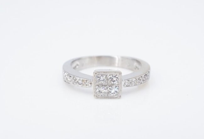 Diamond Ring 18k White Gold Princess 1/2 ctw Size 5.25 Quad Cluster RG4489: This beautiful ring features a seamless quad of natural princess cut diamonds set in a square bezel with a row of diamonds cascading down each tapered shoulder. Set in solid 18k white gold with delica