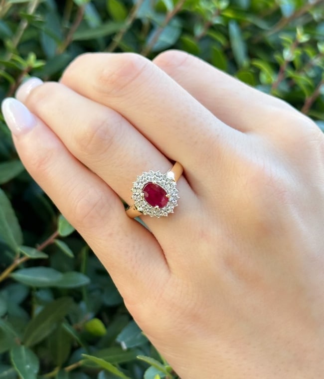 14k Ruby Diamond Ring Double Halo Cocktail Yellow Gold Natural Size 7.25 RG4442: This stunning ring is a sparkling homage to the natural ruby gemstone at center. The luxe magenta stone is surrounded with a double halo of bright white dazzling diamond, set atop a tapered 14k yellow