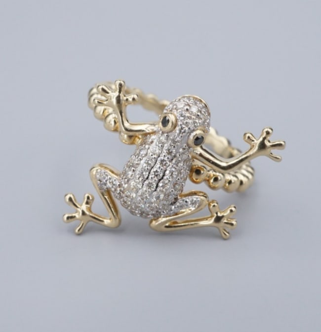 14k Vintage Pave Diamond Frog Ring Yellow Gold 3D Sz 7 Statement Black RG4887 (1 of 3)