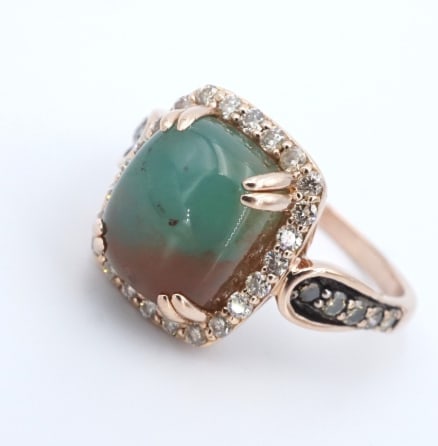Le Vian 14K Strawberry Gold Diamond Aquaprase Candy Ring 6.75ctw Sz 10 RG5051: This Le Vian statement ring features the "newest gem on earth" -- the Peacock Aquaprase, part of Le Vian's couture collection. The multicolored cabochon is accented by a halo of sparkling diamonds, wi