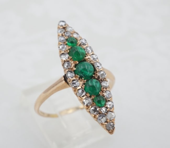 Antique 1ct Natural Emerald Diamond Halo Navette Ring Yellow Gold Sz 9 RG4897: This beautiful antique ring features five emeralds surrounded by a sparkling halo of natural old-cut white diamonds. Set atop a slim yellow gold band, this ring is a timeless classic. Navette-shaped r