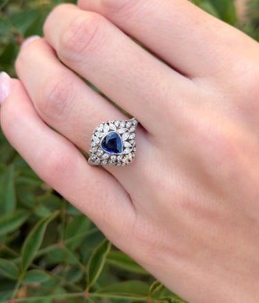 Antique Platinum Pave Diamond Sapphire Dome Ring Platinum Size 7 French RG4973: One of our favorite rings acquired this year - this exquisite antique platinum ring set with a bezel-framed pear-cut blue sapphire surrounded by a domed halo of old mine cut diamonds arranged in marqu