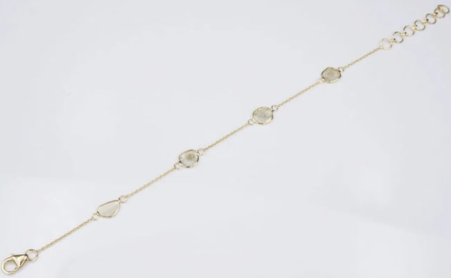 18k Diamond Slice Bracelet Slab 4 Station Yellow Gold 6-7" Adjustable BG710: This trendy bracelet features four diamond slice stations bezel set on a luxe 18k yellow gold chain. Perfect worn on its own or added to your favorite stack! A gorgeous addition to any jewelry collect
