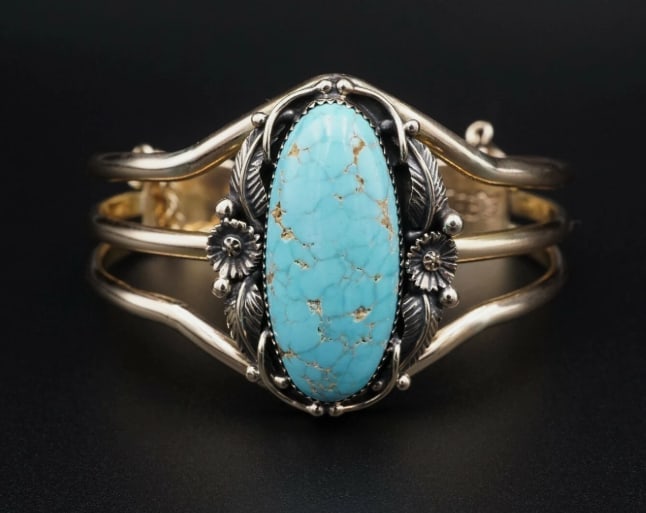 Navajo Emil Benally Vintage 14k Yellow Gold Turquoise Cuff Bracelet 6.25" BG414 (1 of 4)