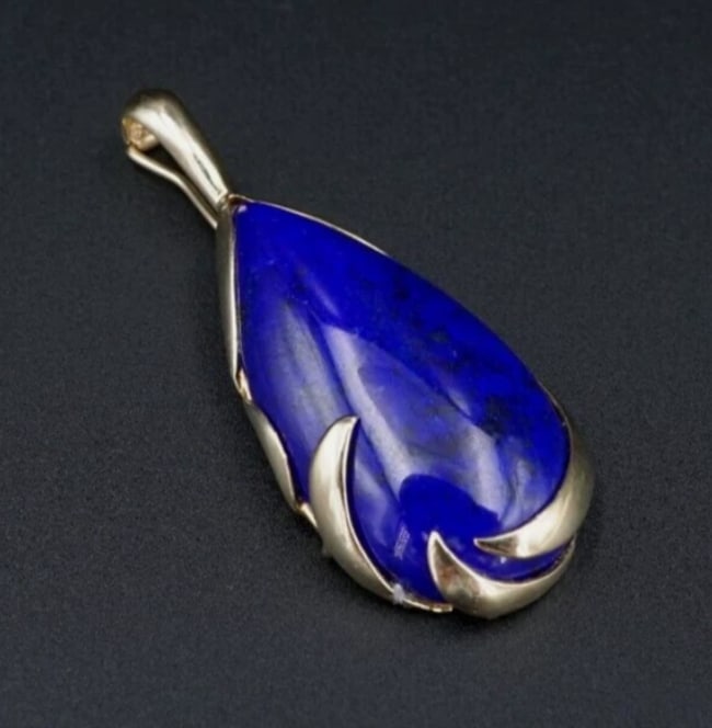Lapis Lazuli 14k Pendant Enhancer Yellow Gold 2.4" Drop Natural PG1892: This beautiful pendant features a vivid blue lapis teardrop cabochon set in an asymmetrical 14k yellow gold construction. This piece is a one-of-a-kind treasure that will stand out at any occasion! Me