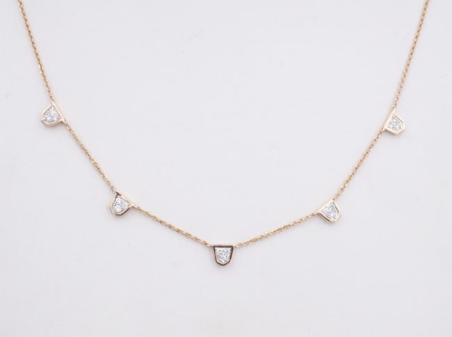 Kendra Scott 14k Shannon Rose Gold Diamond Collar Necklace Station 18" NG1701: This fabulous necklace from designer Kendra Scott features a 14k rose gold construction with diamond station detailing adorned with sparkling white diamonds. Described by Kendra as, "The Shannon 14k R
