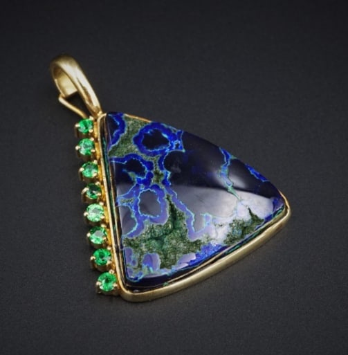 Artisan 18k Yellow Gold Azurite Slab Garnet Enhancer Pendant 1.5" PG1731: This amazing artisan crafted enhancer pendant is crafted of solid 18k yellow gold and features a gorgeous azurite slab accented with green garnets. A luxe versatile piece that is sure to make a statem