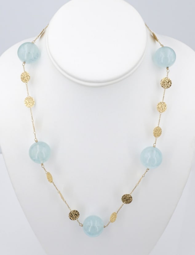 14k Aquamarine Bead Yellow Gold Necklace Panel Station 20" 18mm 48g NG1757: This elegant necklace features luminous aquamarine beads interspersed with intricately textured 14k yellow gold panels. The gold discs add warmth and artisanal detail, perfectly complementing the sere