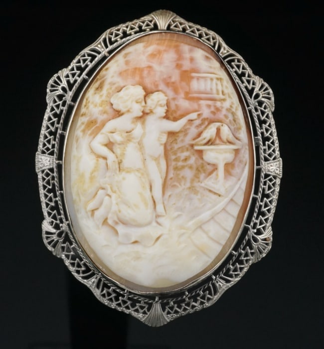 Unique 14k White Gold Carved Shell Mother Child Cameo Pendant Brooch 2" OG345: This gorgeous carved shell cameo pendant/ brooch is a wonderful estate find! It features a profile of a beautiful young woman with child watching birds play in a fountain. The shell is in a high relie