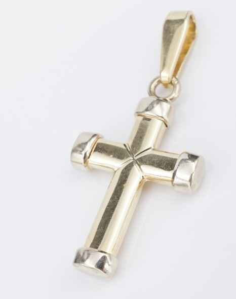 14k Cross Pendant Yellow Gold Puffy 3D Religious 1.5" Vintage Two-Tone PG1870: This lovely pendant features a large puffy polished cross crafted of 14k yellow gold with white gold ends. A sweet token of faith to wear alone or layered with others! Metal Type: 14k Yellow & White G