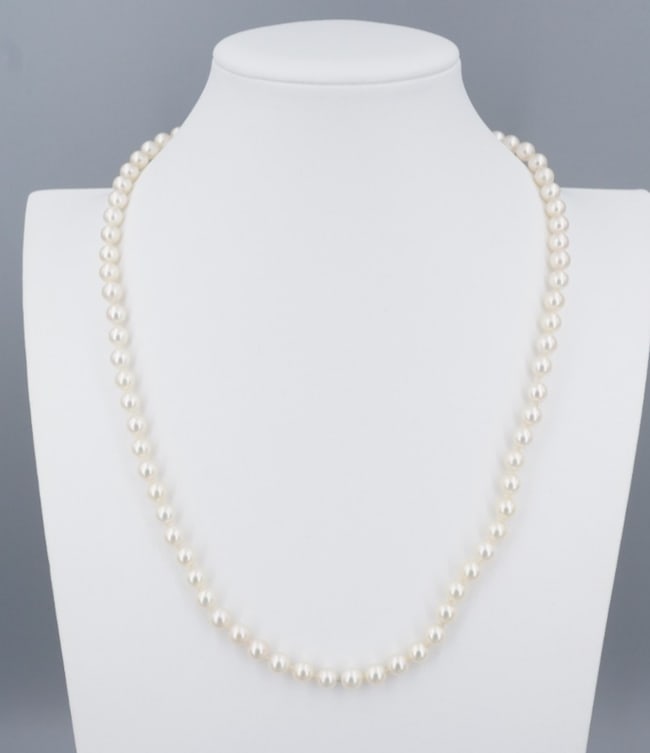 14k Akoya Pearl Strand Necklace Pink White Gold 23" 6.5-7 mm NG1738: This beautiful necklace features a classic single strand of lustrous Akoya pearls with creamy white overtone that culminate in a simple white gold ball clasp. An excellent go-to accessory! Metal Type: