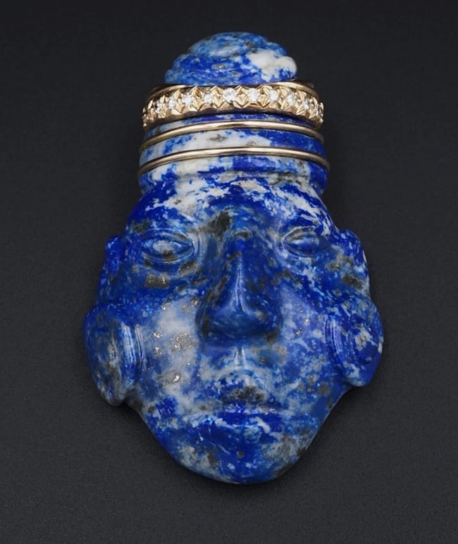 Carved Lapis Tribal Head 18k Gold Natural Diamond 2.4" Pendant BOHO PG1855: This beautiful pendant features an alluring tribal head carved in blue lapis with an intricate headpiece composed of 18k yellow gold adorned with diamonds. A perfect gift for anyone with a unique tast