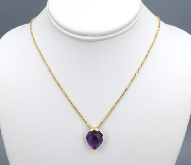 14k Yellow Gold Amethyst Pendant Necklace Faceted Gemstone Drop 18" NG1820 (1 of 3)