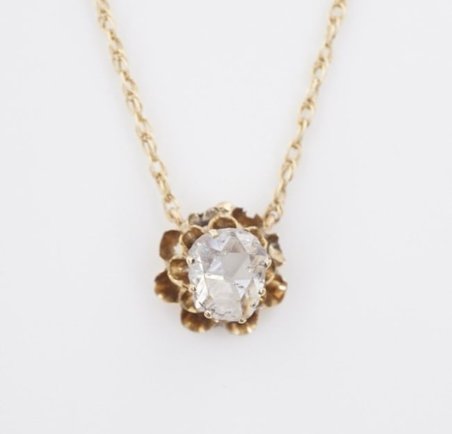 Antique Victorian Diamond Pendant Necklace Rose Cut 14k Yellow Gold NG1700: Exemplifying the beauty and sentimental spirit of Victorian jewelry, this gorgeous necklace features a large rose-cut diamond high-set in a delicate pendant with scalloped floral dimensional details. 