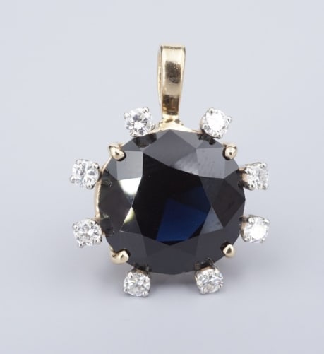 14k Sapphire Diamond Halo Pendant Yellow Gold 0.85" Sunburst PG2057: This vintage pendant features a huge 7+ carat round-cut blue natural Australian sapphire framed by a glimmering crown of natural diamonds framed in rich 14k yellow gold. This gorgeous pendant is a per